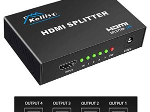 KELIIYO HDMI Splitter 1 in 4 Out V1.4b Powered HDMI Video Splitter with AC Adaptor Duplicate/Mirror Screen Monitor Supports Ultra HD 1080P 2K x4K@30Hz and 3D Resolutions (1 Input to 4 Outputs)