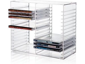 STORi Stackable Clear Plastic CD Organizer with Rubber Feet | Rectangular Jewel Cases Holder Perfect for Office and Theatre Room | Holds up to 30 CD Cases | Made in USA